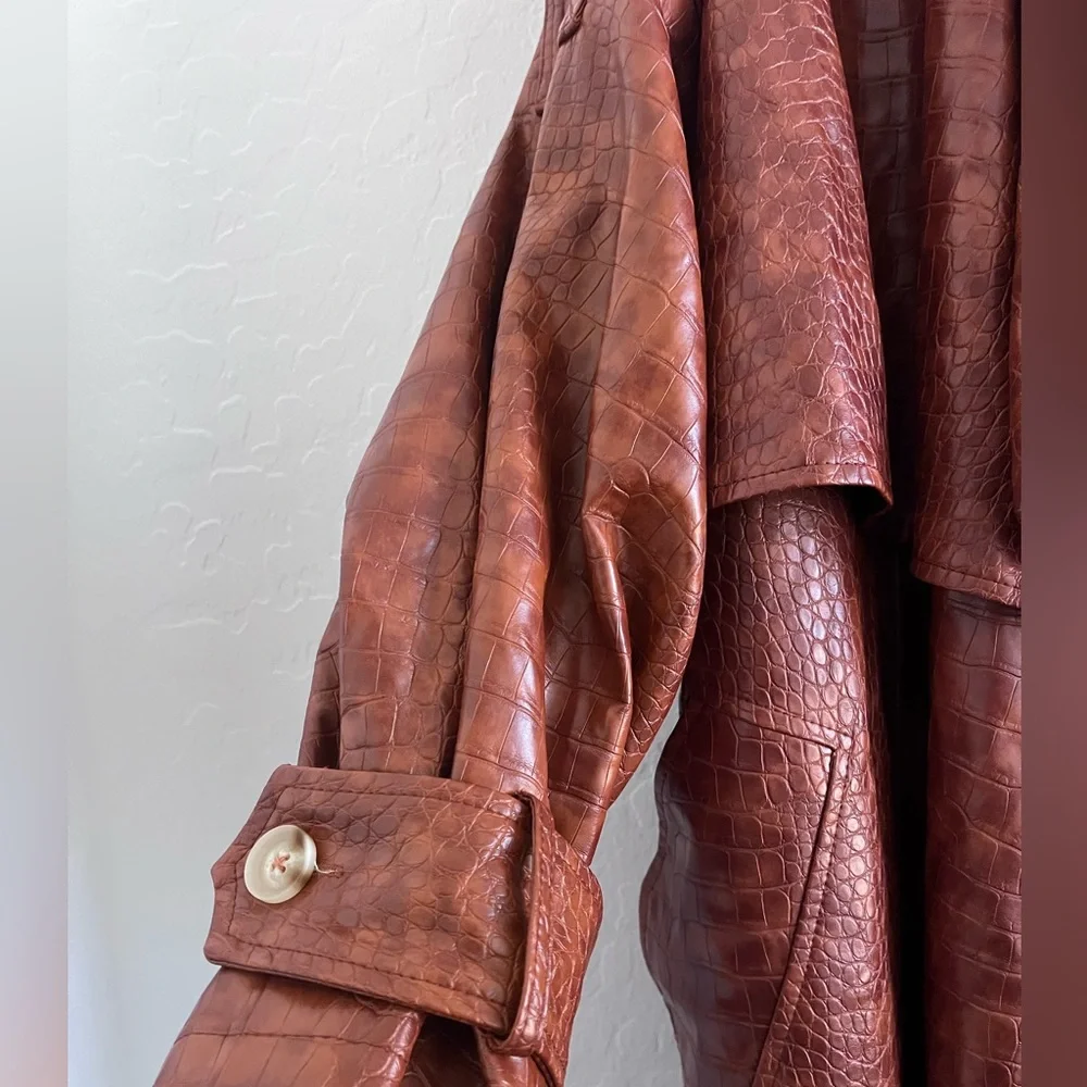 Nasty Gal Brown Oversized Faux Leather Croc Embossed Trench Coat XXL - Picture 7 of 12